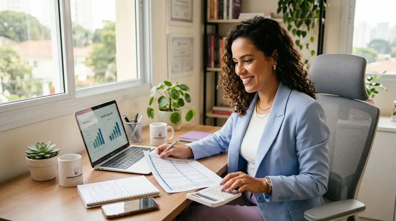 Empreendedora organizando as finanças do negócio com planilhas e calculadora