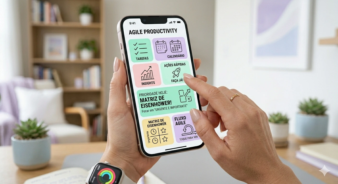 Mão feminina segurando smartphone com diversos aplicativos de produtividade e organização abertos