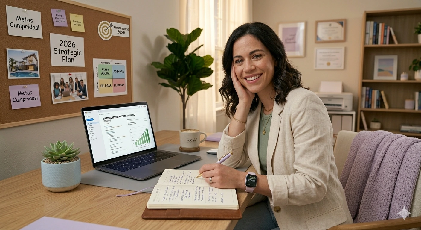Empreendedora sorridente organizando seu café da manhã e agenda de trabalho em um ambiente acolhedor