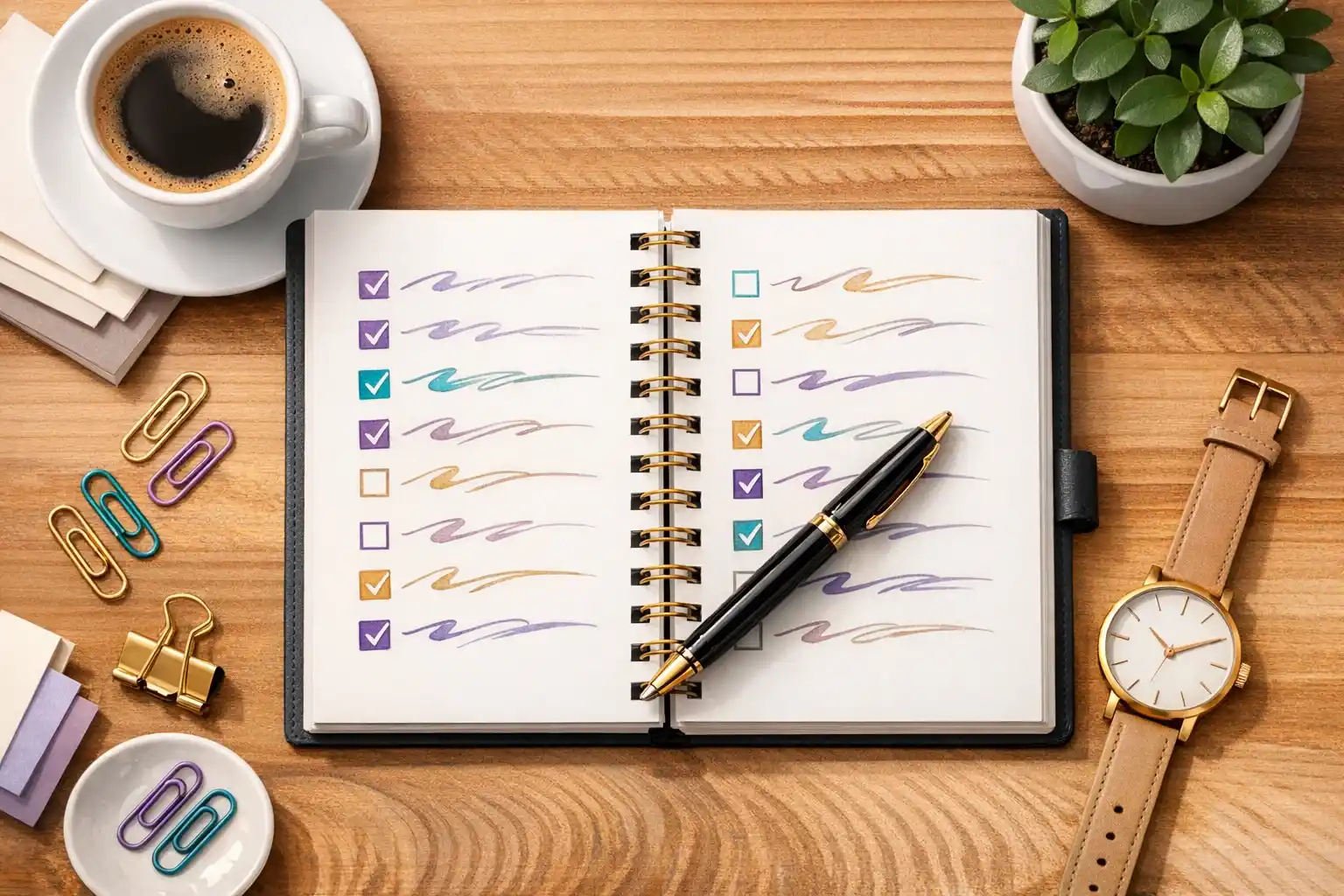 Empreendedora usando checklist semanal para organizar tarefas e rotina da semana com produtividade