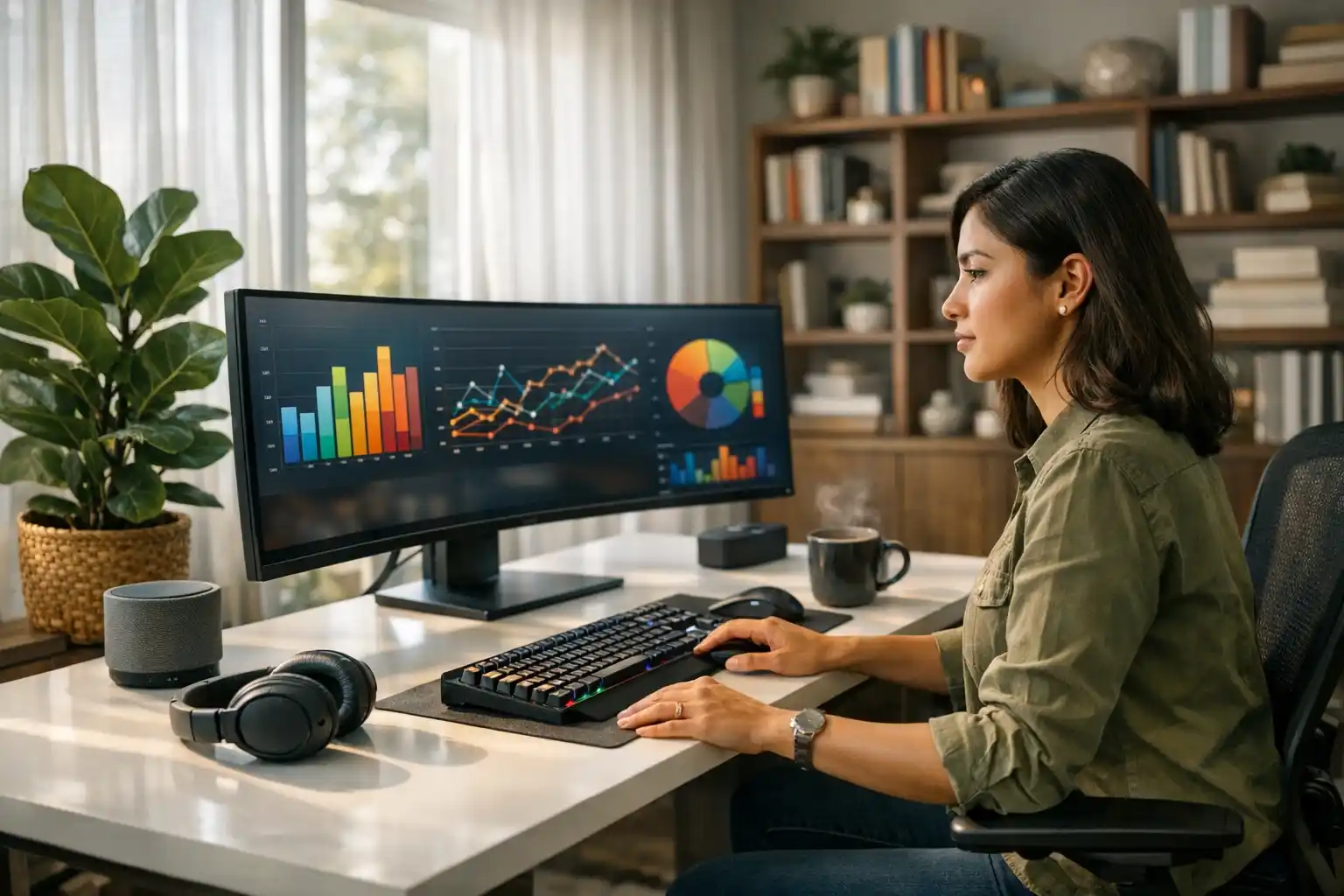 Empreendedora trabalhando em home office com foco e produtividade em ambiente organizado