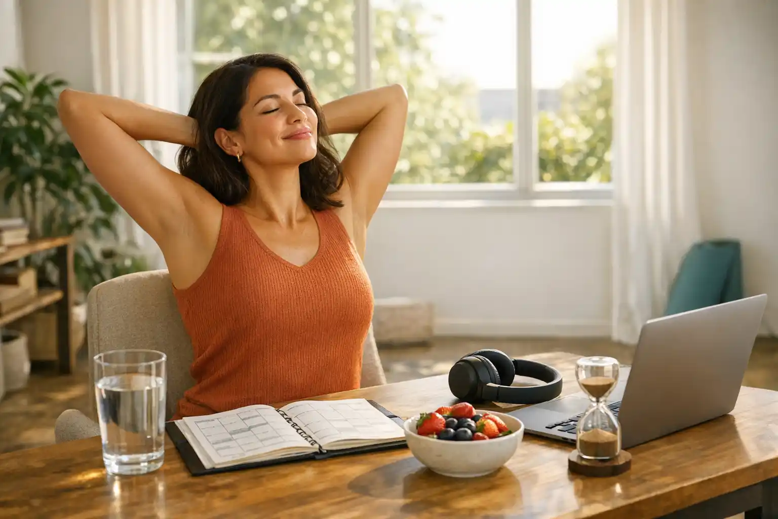 Empreendedora mantendo produtividade sustentável no negócio com foco, constância e equilíbrio